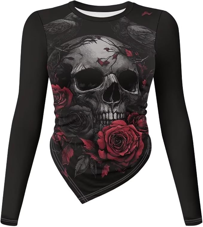 Long Sleeve T-Shirt for Women Slim Fit Underwear Shirt Cool Base Top - skull swimsuit