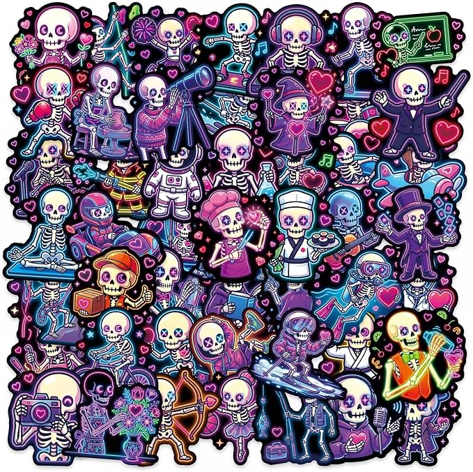 50Pcs Neon Skull Love Stickers Pack, Waterproof Vinyl Graffiti Neon Skull Stickers for Skateboard, Journal, Scrapbook, Laptop, Suitcase, Bike, Computer, Water Bottle