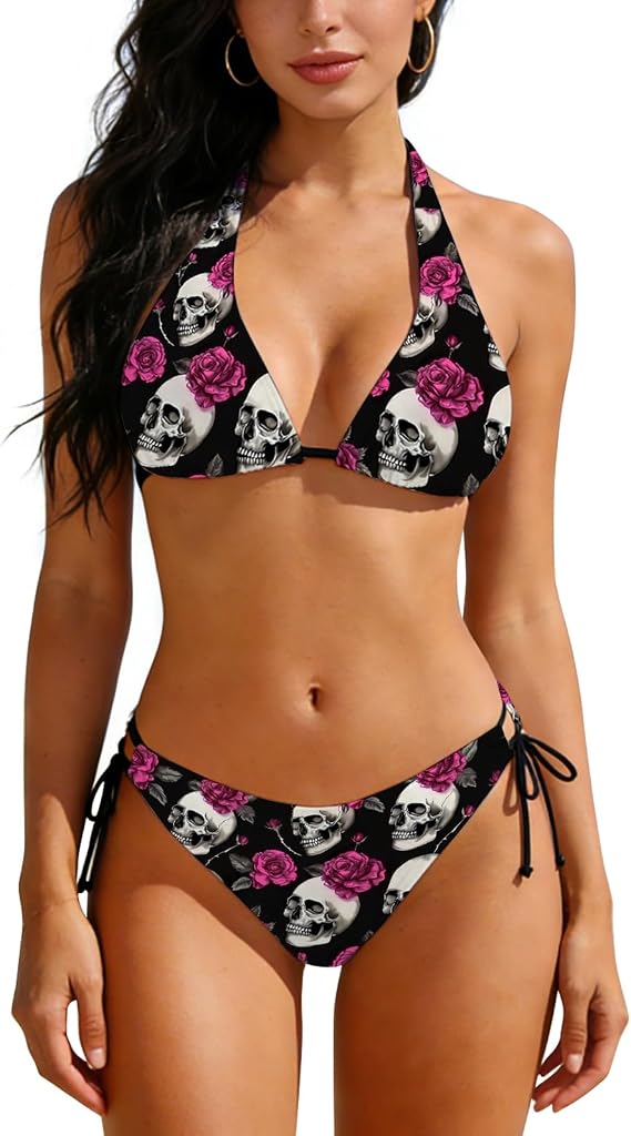 KOYI Gothic Bikini Set for Women, Two Piece Swimsuit with Skull Mushroom and Rose Prints for Summer Beach Festival Swimwear - skull swimsuit