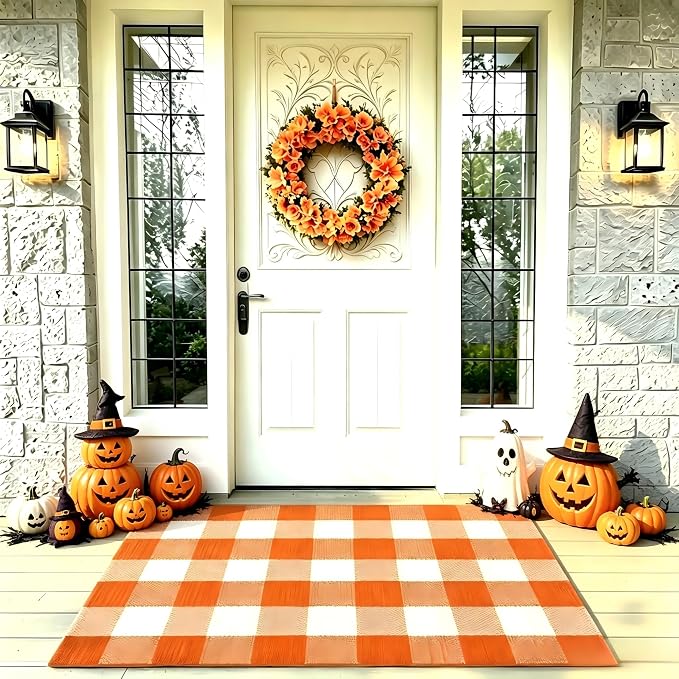 Halloween Orange and White Buffalo Plaid Rug,2'4'' x 3'7'' Indoor Outdoor Washable Rug, Spooky Accent Mat for Halloween Indoor Outdoor Decor, Porch, Living Room, Entryway, Patio - skull carpet