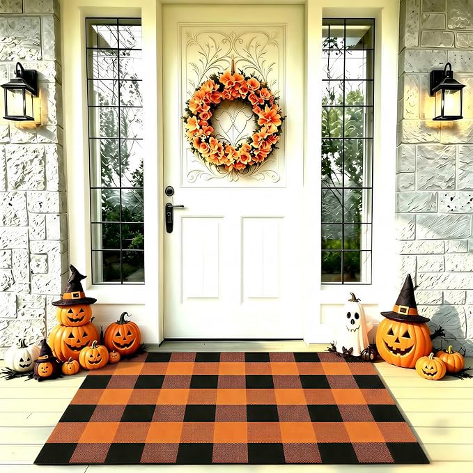 Halloween Orange and Black Buffalo Plaid Rug, 2'4'' x 3'7'' Indoor Outdoor Durable Rug, Spooky Accent Mat for Halloween Indoor Outdoor Decor, Living Room, Porch, Patio, Entryway - skull door mat