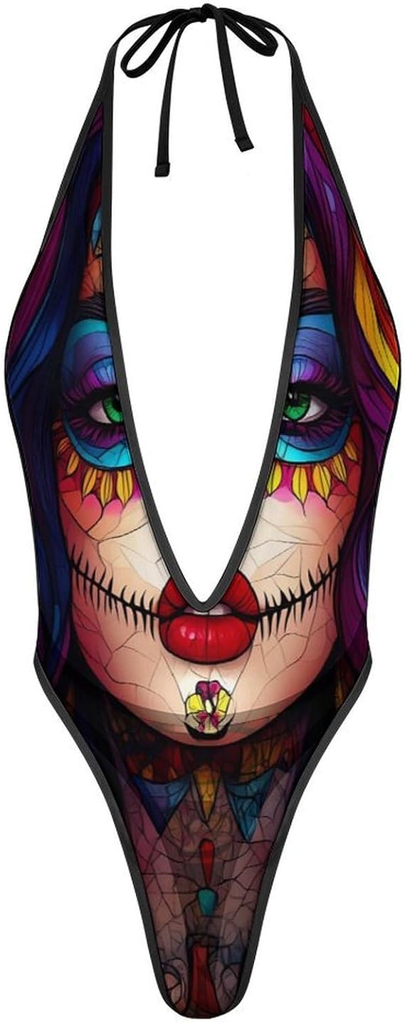 Day of The Dead Floral Skull Goth Womens Bodysuit Sexy Underwear Deep V-Neck Jumpsuit Leotard Backless Pajamas for Dating - skull swimsuit