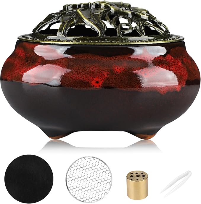Ceramic Incense Burner Holder Set – 9 Hole Incense Stick Holder with Coil Incense Holder & Burner Tray – Multi-Function Censer for Cones, Coil Incense, and Stick Incense (Fambe Red) - skull incense burner