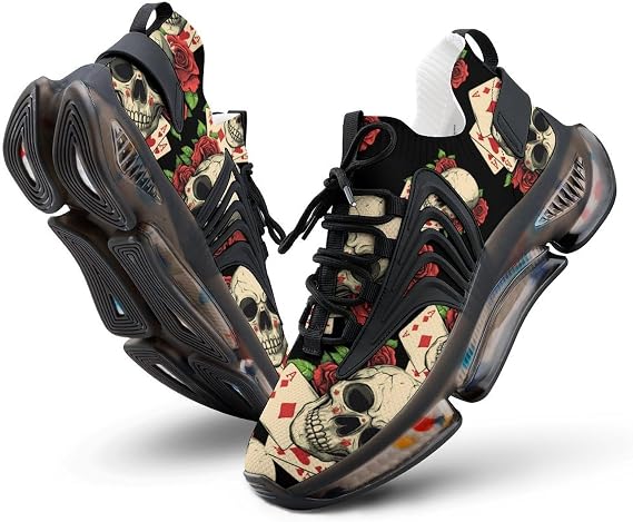 Acees Skull & Rose Mens Running Shoes Lightweight Sneakers Casual Athletic Shoe for Sports Gym Walking - sugar skull boots