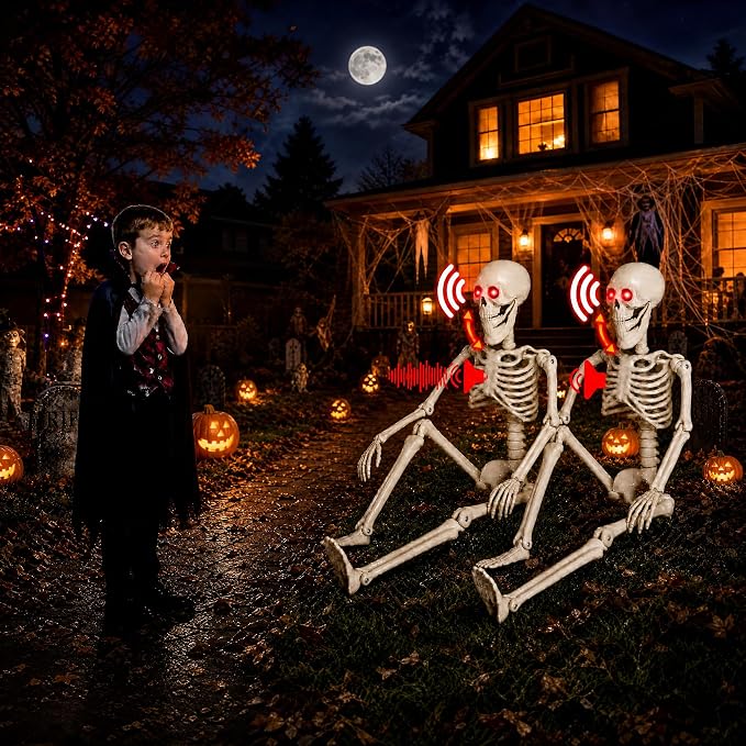 HBSTK 2 Pack 36 Inches Motion&Sound Activated Moving Jaw&Speaking&Glowing Eyes Pose-N-Stay Halloween Skeleton Life Size Full Body Posable Movable Jonints Halloween Decoration Décor - skeleton