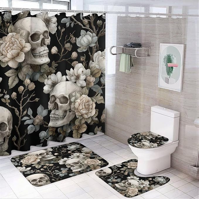 Bathroom Set 4 in 1 Gothic Skull Flower Rose Branch Quick Dry Shower Curtain 72'' X 72'', Black Retro Leaf Pattern Non-Slip Shaped Mat & Toilet Cover & Rugs with 12 Hook - skull toilet mat