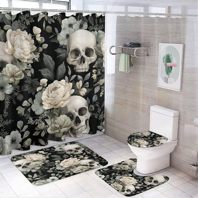Bathroom Set 4 in 1 Gothic Skull Peony Black Quick Dry Shower Curtain 72'' X 72'', Retro Flower Leaf Plant Pattern Non-Slip Shaped Mat & Toilet Cover & Rugs with 12 Hook - skull toilet mat