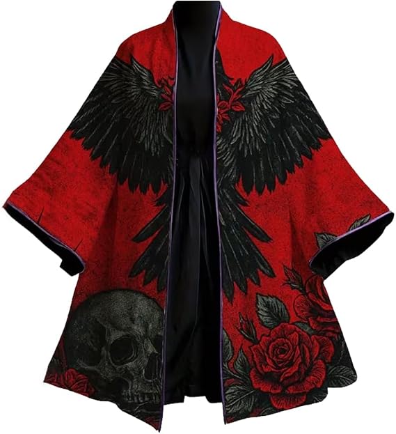 Gothic Wing Skull Rose Print Kimono Jackets Cardigan Lightweight Men Women Seven Sleeves Open Front Top Shirts - skull jacket