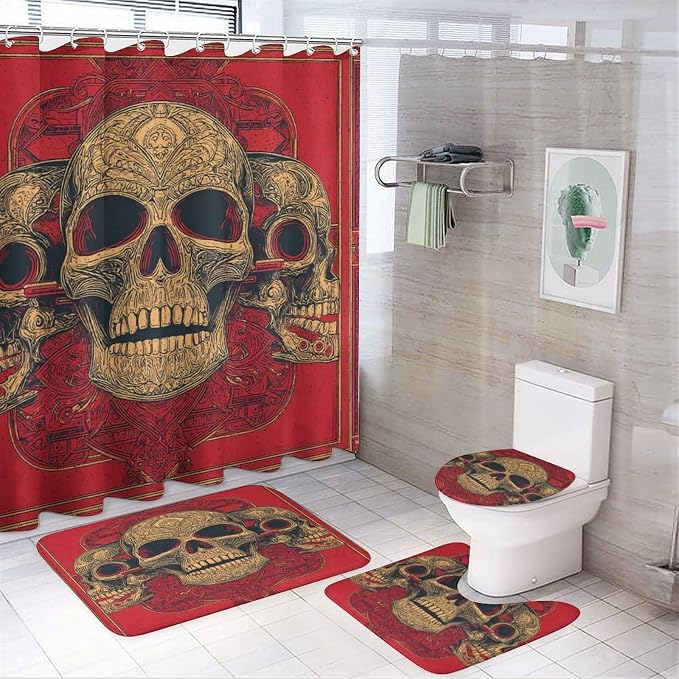 Bathroom Set 4 in 1 Gothic Skull Ornament Pattern Frame Quick Dry Shower Curtain 72'' X 72'', Red Abstract Art Pattern Non-Slip Shaped Mat & Toilet Cover & Rugs with 12 Hook - skull toilet mat