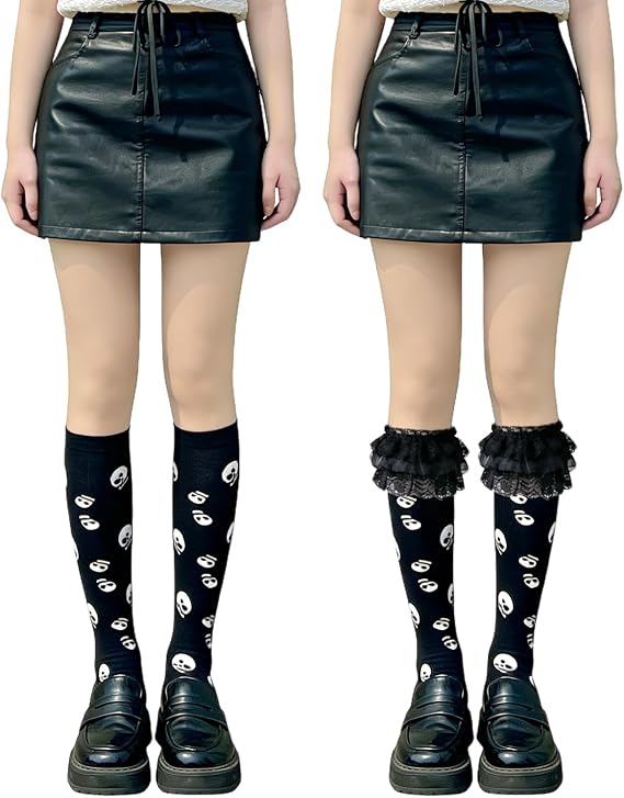 Skull Crew Socks - 2 Pairs Set Below-the-Knee Socks, Halloween and Horror Style Accessory, Socks for Women, with and without Lace Ruffle - sugar skull costume
