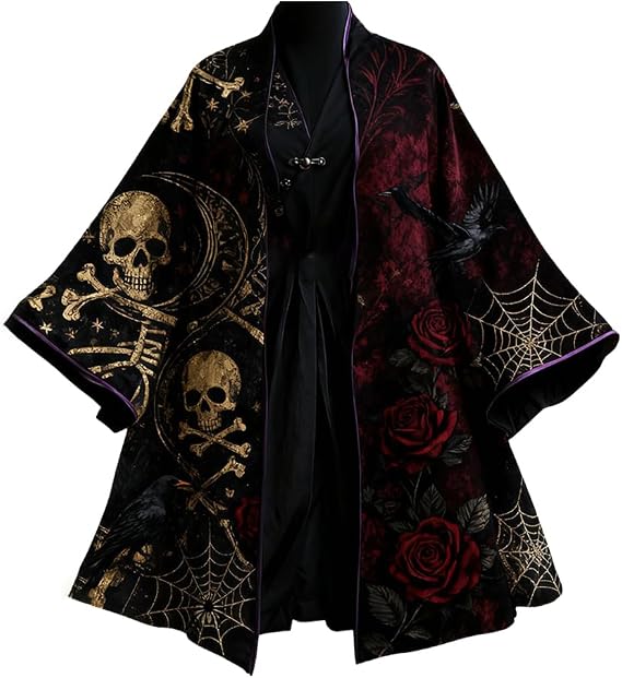 Gothic Dark Art Skull Print Kimono Jackets Cardigan Lightweight Women Men Seven Sleeves Open Front Top Shirts - skull jacket