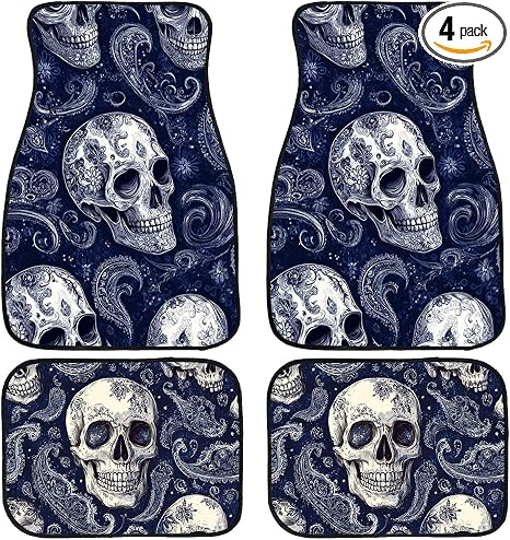 Skull Car Floor Mats Set of 4 Navy Gothic Paisley Floral Dark Boho Automotive Foot Mats Rugs Carpet for Car Non-Slip Auto Car Accessories Universal Fit for Car SUV Truck Van - skull carpet