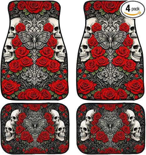 Skull Car Floor Mats Set of 4 Automotive Foot Mats Rugs Carpet for Car - skull floor mat