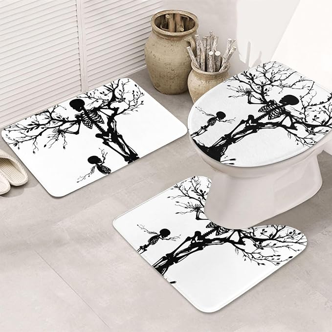 Day of the Dead Skeleton Print Flannel Bathroom Rugs Sets 3 Piece Soft Absorbent Bath Mats with U-Shaped Contour Toilet Rug, Machine Wash Non-Slip Bath Rugs Floor Mat - skull toilet mat