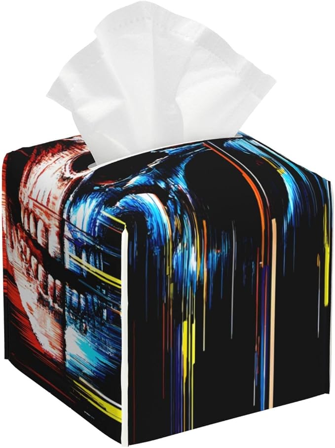 Glitch Screaming Skull Print Tissue Box Cover Holder Square Leather Tissue Cube Box 5.2"X5.2"X5.2" Modern Tissue Case for Bathroom, Home Office Decor - skull toilet paper