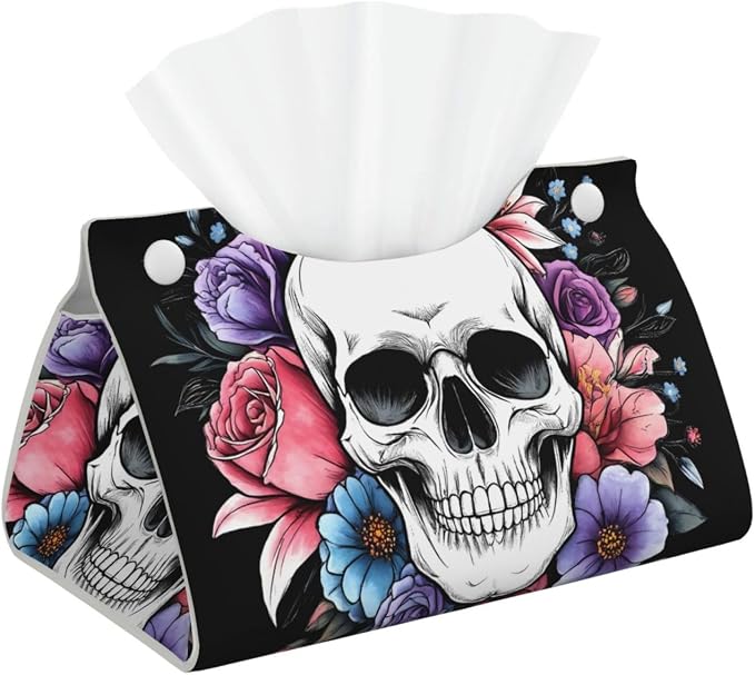 Skull and Floral Dead Print Tissue Box Cover Holder Long Leather Tissue Cube Box 7.9"X4.9"X4.5" Modern Tissue Case for Bathroom, Home Office Decor - skull toilet paper