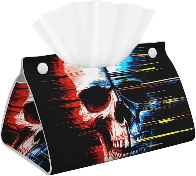 Glitch Screaming Skull Print Tissue Box Cover Holder Long Leather Tissue Cube Box 7.9"X4.9"X4.5" Modern Tissue Case for Bathroom, Home Office Decor - skull toilet paper