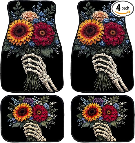 Skull Car Floor Mats Set of 4 Floral Skeleton Hand Bouquet Gothic Boho Automotive Foot Mats Rugs Carpet for Car Non-Slip Auto Car Accessories Universal Fit for Car SUV Truck Van - skull floor mat