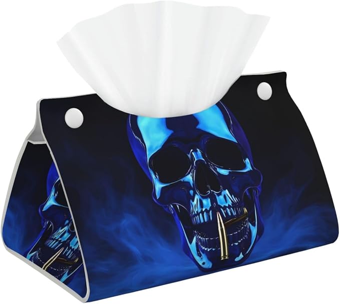 Steel Skull Print Tissue Box Cover Holder Long Leather Tissue Cube Box 7.9"X4.9"X4.5" Modern Tissue Case for Bathroom, Home Office Decor - skull toilet paper