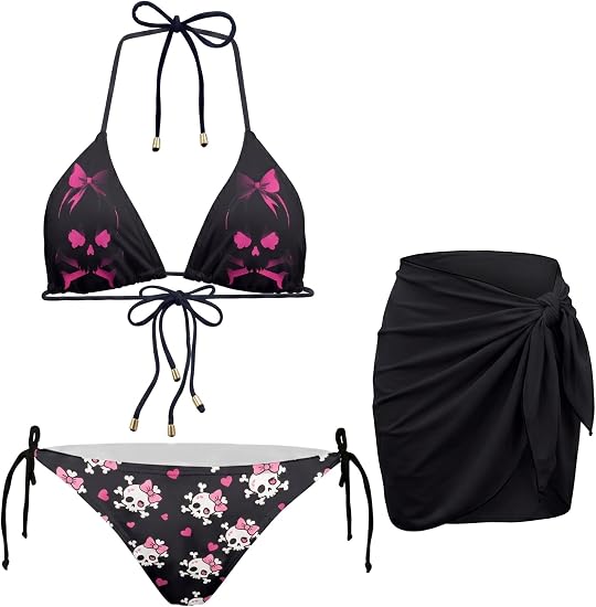 Bikini Set for Women 3 Piece, Soft Swimsuit with Wrap Cover Up - skull swimsuit
