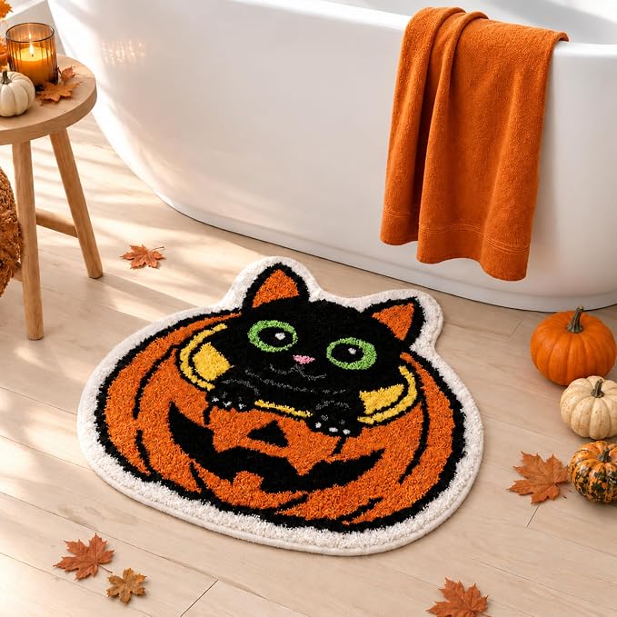 Tinideya Halloween Bathroom Mat, Cute Pumpkin Black Cat Rug, 23.6″ Non-Slip