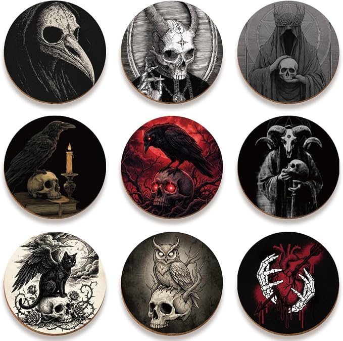 SUPERDANT 9 pcs Gothic Wood Coasters Set Skull Raven Black Cat Design Easy Clean Halloween Housewarming Gift for Bar Kitchen 10x10cm - skull coaster