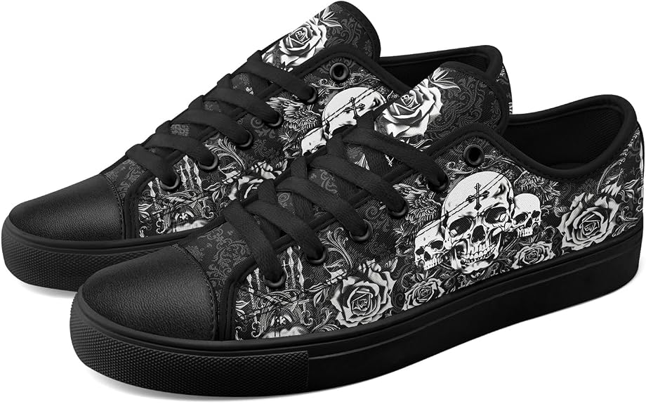 Men's Women's Skull Rose Canvas Sneakers Low Top Lace-Up Classic Walk Shoes Gothic Punk Streetwear Casual Shoes - sugar skull boots