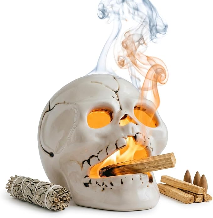 Handmade Skull Ceramic Incense Burner Holder, Stick & Backflow - Palo Santo & Sage Holder for Burning, Meditation Accessories, Gothic Home Decor, Easily Grab All Incense Ash - skull incense burner