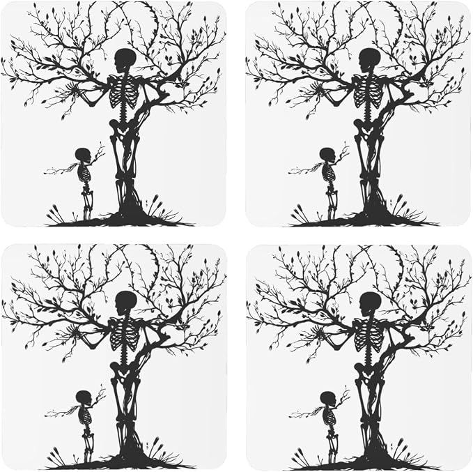 Day of the Dead Skeleton Print Wood Drink Coasters Set of 4, Round Absorbent Non Slip Wooden Drink Coaster Set for Coffee Table Decor for Home Gifts New Home - skull coaster