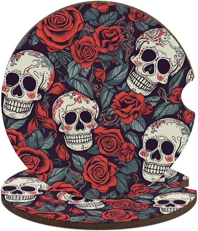 Sugar Skulls and Red Roses Car Coasters for Cup Holder Universal Anti-Slip Cup Mat Wood Car Cup Holder Coaster Set Cute Aesthetic Car Interior Accessories for Women Men - skull coaster