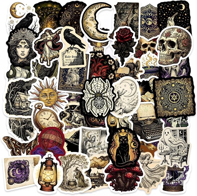 50Pcs Anime Witch Stickers Pack, Vintage Horror Goth Waterproof Decals for Laptop, Kindle, Phone, Skateboard, Suitcase, Water Bottle, Scrapbook, Journal - skull sticker
