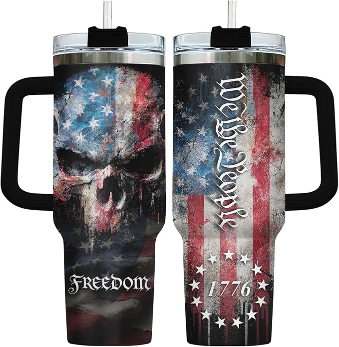 American Skull Tumbler 40oz Handle Straw Gifts for Men Dad Friend - skull bottle