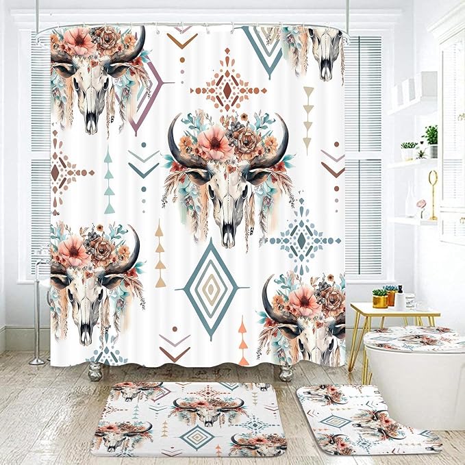 4 Pcs Western Bull Skull Shower Curtain Set, Retro Cow Longhorn Skull Flower Head Bathroom Rug Sets, Boho Farmhouse Shower Curtain and Non-Slip Rugs Toilet Lid Cover Bath Mat Decor with Hooks - skull floor mat