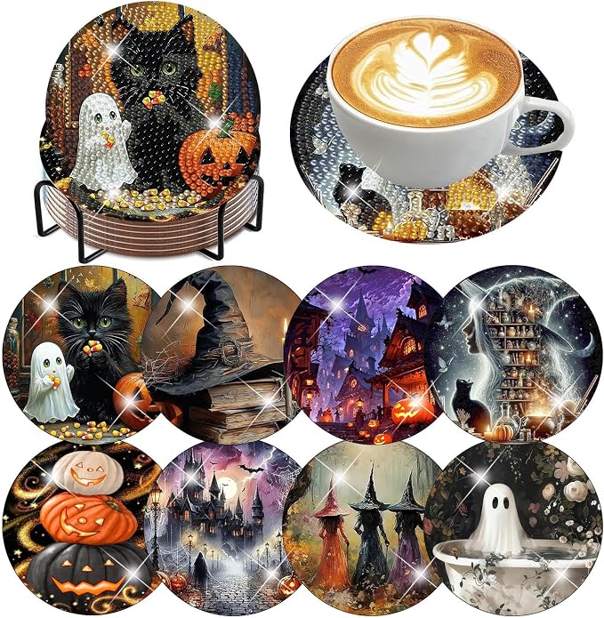 ijbnhd 8 Pcs Halloween Diamond Art Coasters Kits (Cork Wooden Pad) - skull coaster