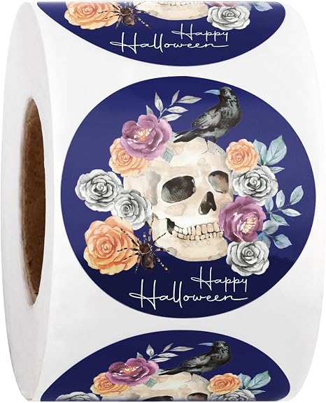 RUSPEPA 500 Pcs Gothic Halloween Stickers, 2 x 2 Inch Vintage Skull, Raven, Spider & Floral Happy Halloween Round Self-Adhesive Stickers for Gift Wrapping, Trick or Treat Bags, Party Favors, Cards - skull sticker