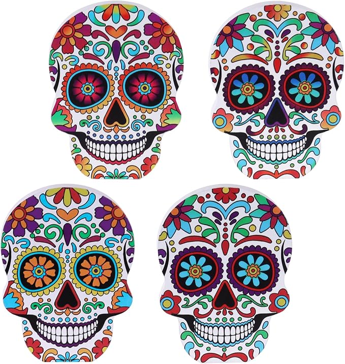 DECSPAS Day of the Dead Decor, 4 PCs Wood Block Sugar Skulls Dia De Los Muertos Decorations, Wooden Skeleton Tiered Tray Decor for Altar, Ofrenda, Home, Table, Mantle, Mexican Fiesta - skull figurine