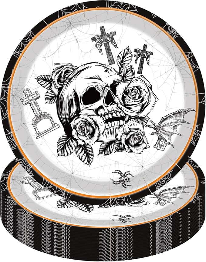40 Pcs Halloween Paper Plates, Spooky Skull and Rose Designs, 7 Inch - skull plate