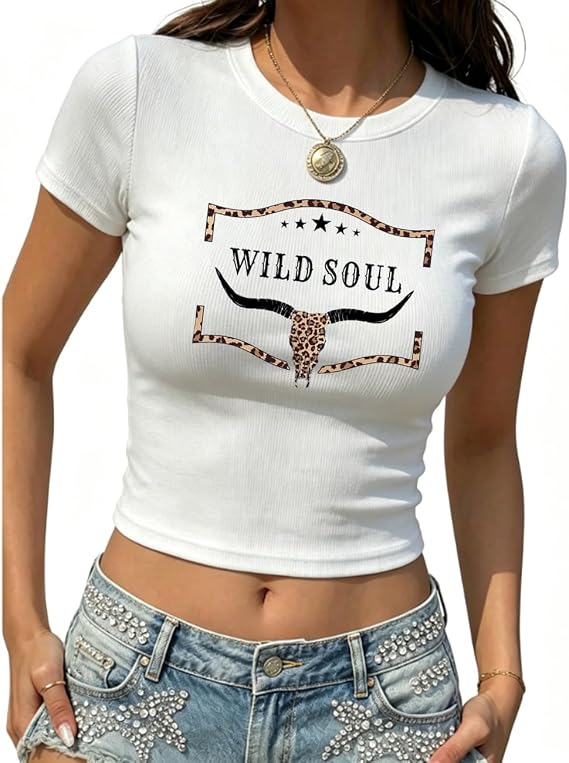 Boho Cow Skull Shirt Women Western Cowgirl Country Concert Ribbed Crop Tops - skull leggings