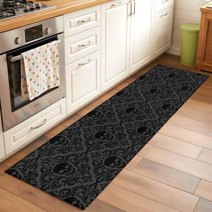 Baroque Style Runner Rug 2x6, Grey Black Skull Classical Floral Mysterious Non Slip Runner Rug for Hallway, Soft Floor Mat Washable Low Pile Carpet for Bedroom, Dining Room, Entryway - skull floor mat