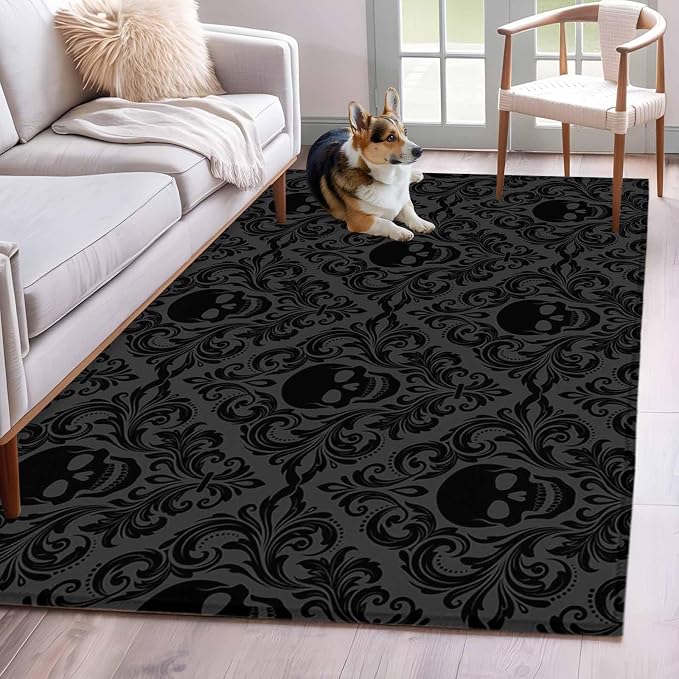 Baroque Style Area Rug 3x5, Grey Black Skull Classical Floral Mysterious Non Slip Area Rugs for Living Room, Soft Floor Mat Washable Low Pile Carpet for Bedroom, Dining Room, Entryway - skull toilet rug