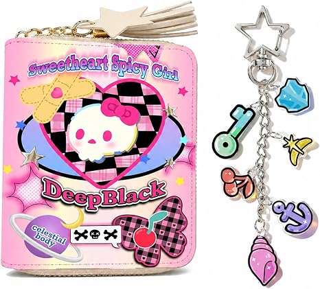 Small Coin Purse for Girls, Pink Y2K Skull Zipper Wallet with Keychain Charms, 4 Card Slots and Coin Pocket, Compact Wallet for Cash, Cards & Coins, Alternative Gift for Teens - sugar skull handbags for sale