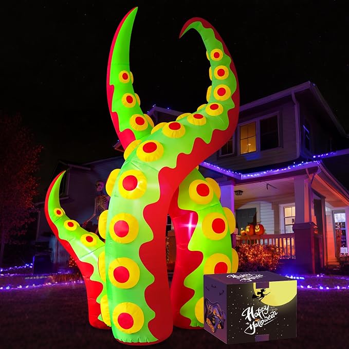 Danxilu 8 FT Halloween Inflatables Green Octopus Tentacles Outdoor Window Decorations Giant Blow Up Halloween Hanging Decor with Built-in LEDs for Outside Yard Lawn Garden Roof Patio Holiday Party - skull inflatable