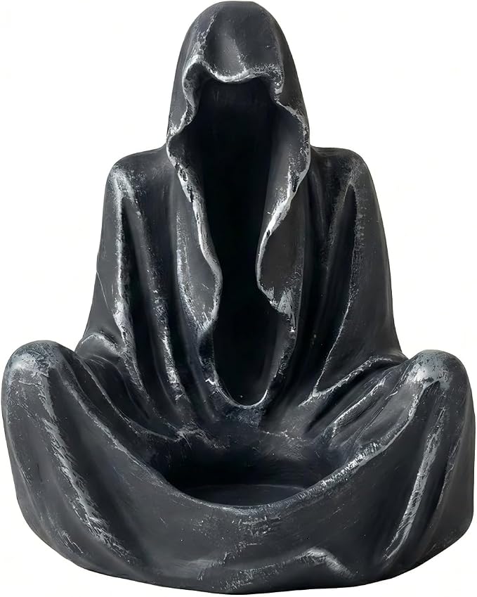 6" Gothic Ghost Candle Holder - Faceless Wizard Tea Light Burner, Dark Academia Bookshelf Decor for Halloween - Resin (Black) - skull candle