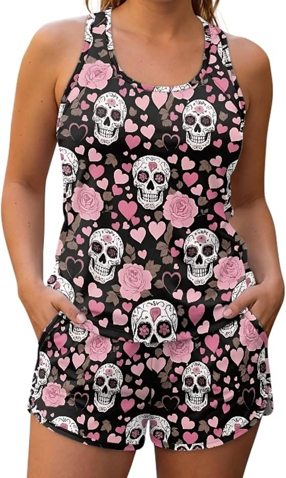 Tankini Swimsuits for Women Tummy Control Bathing Suits Two Piece Swimwear Set for Summer Beach - skull swimsuit