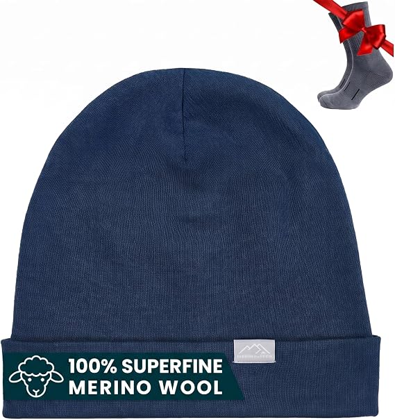 100% Merino Wool Beanie for Women, Men - Set Adult Skull Cap 17.5um & Socks - skull jacket