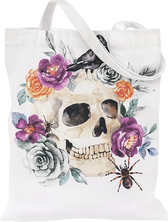 Loveinside Fall Halloween Canvas Tote Bag, Reusable Cotton Tote Shoulder Bag for Shopping, Holiday, Travel, 13.8" x 15.7" - sugar skull handbags for sale