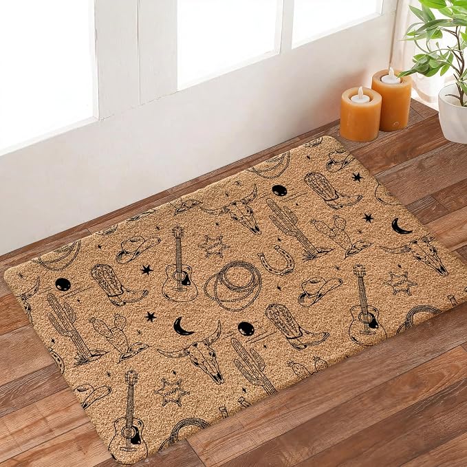 Blue and White Western Faux Coir Door Mat Outdoor Indoor Entrance Entryway, Southwestern Cactus Bull Skull Cowboy Rodeo Doormat Inside Outside, Western Welcome Mats for Front Door, 17x30 Inch - skull door mat