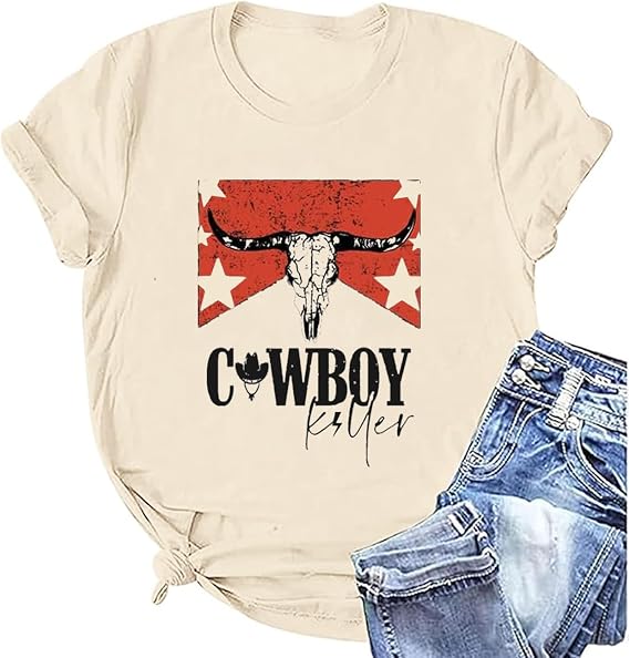 Western Cowboy Shirt Women Country Concert Cow Skull Graphic Tee Outfit Top - skull leggings