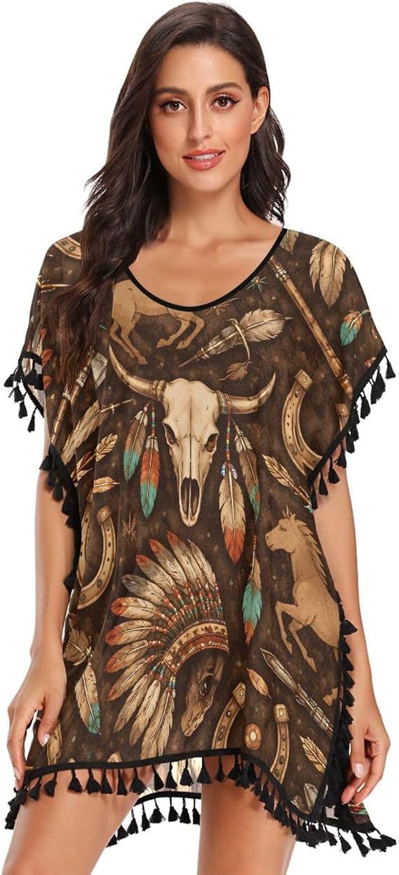 Tribal Western Cow Skull Swimsuit Cover Ups for Women Boho Tassel Beach Cover Up for Swimwear - skull swimsuit