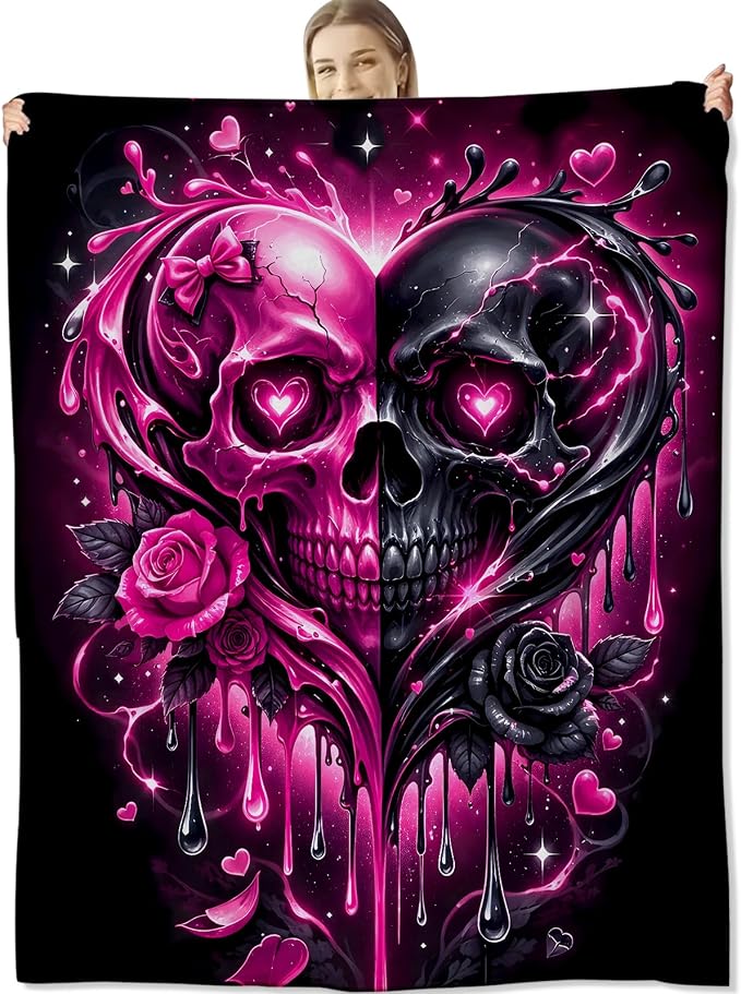 Pink and Black Heart Skull Flannel Blanket, 60" x 50", Soft Warm Cozy Decorative Throw with Gothic Skull and Roses, Couple Gifts for Women Goth Lovers, Sofa Couch Bed Living Room Bedroom - skull blanket